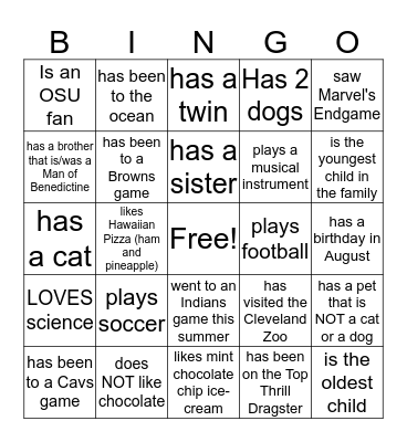 Honors Biology Freshman Bingo Card