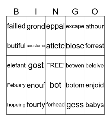 Super English Spelling Bingo Card