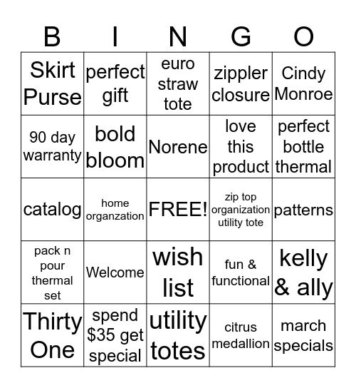 ThirtyOne Bingo Card