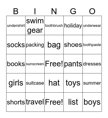 Packing List Bingo Card