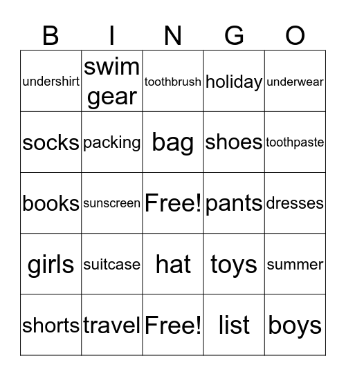 Packing List Bingo Card