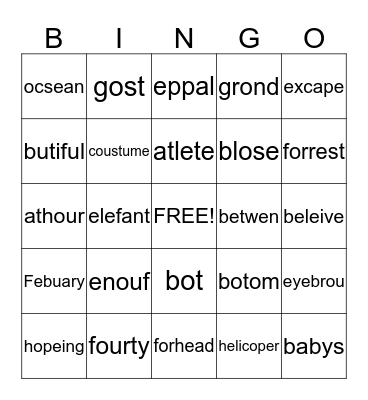 Super English Spelling Bingo Card