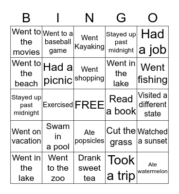 What I Did This Summer Bingo Card
