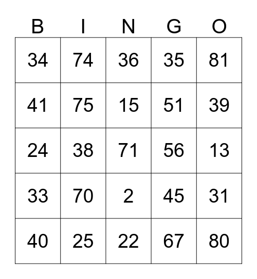 Number BINGO 1-90 Bingo Card