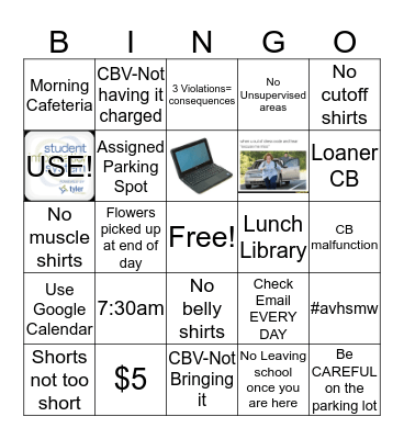 AVHS Rules and Expecations Bingo Card