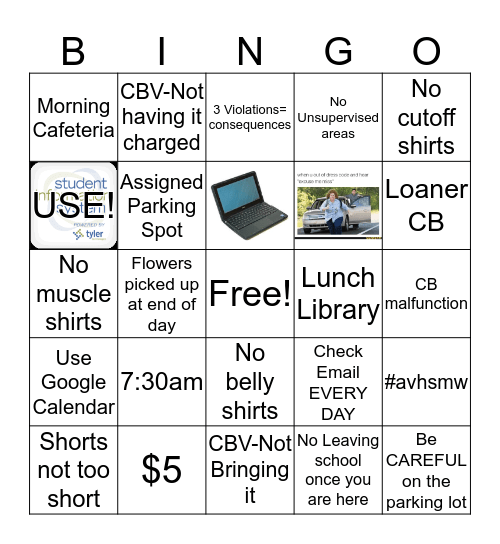 AVHS Rules and Expecations Bingo Card