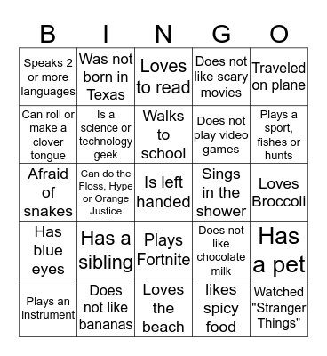 Human Bingo: Getting to Know You! Find Someone who.. Bingo Card