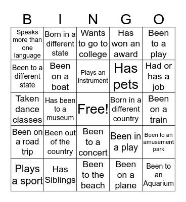 Geting to Know Each Other Bingo Card