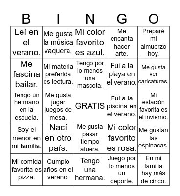 Todo Sobre Mí Bingo Card