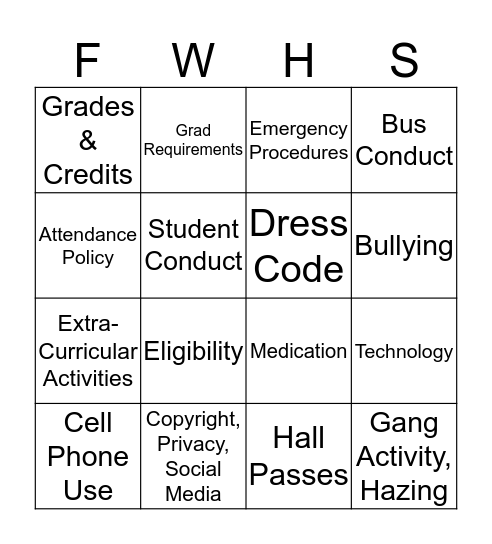 FWHS Student Handbook Bingo Card