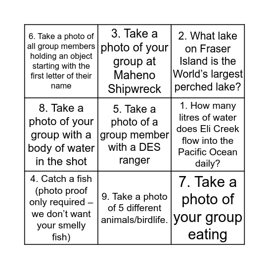 Fraser Island 4WD Trip Bingo! Bingo Card