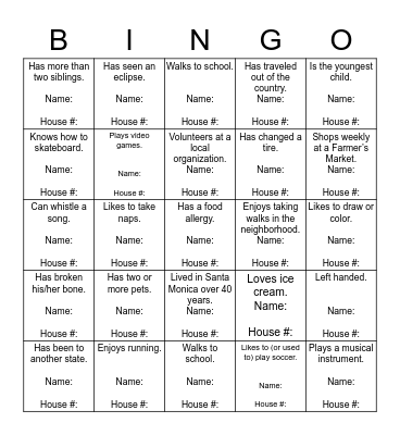 ~~~~~~~~~~~~~ People Bingo  ~~~~~~~~~~~~ (Write a Name and 24th St House # in each box) Bingo Card