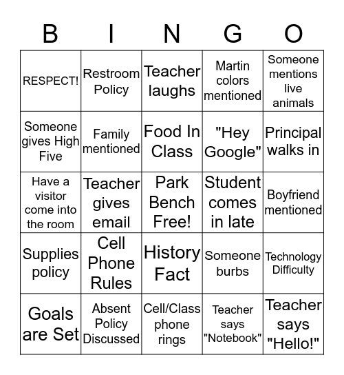 Ms. Harman's Intro Bingo Card