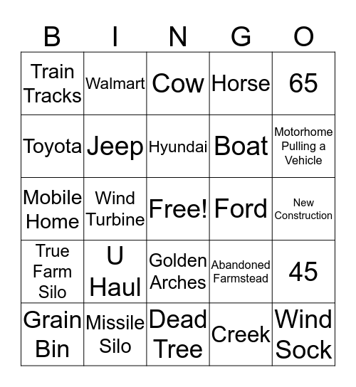 Road Trip Bingo Card