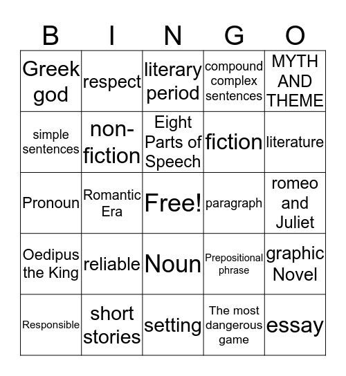 Literature Bingo Card