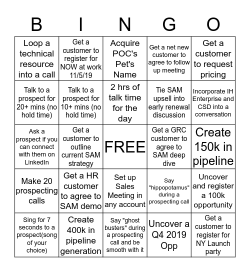 Prospecting Bingo Card