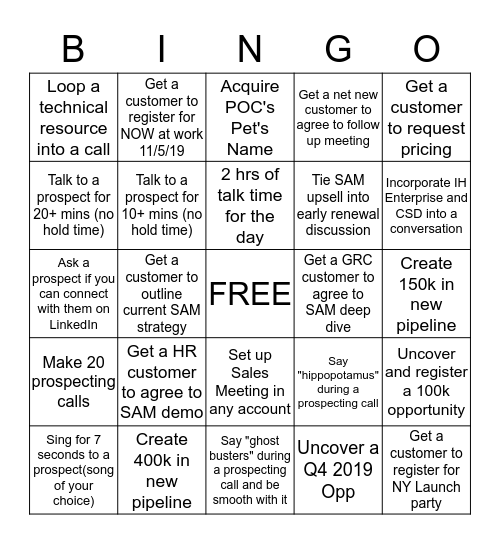 Prospecting Bingo Card