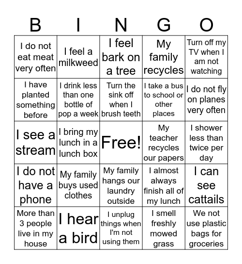 Environment  Bingo Card