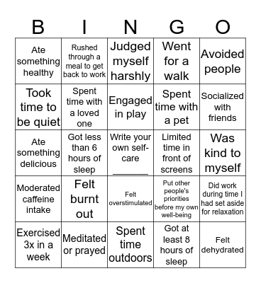 Self-Care BINGO Card