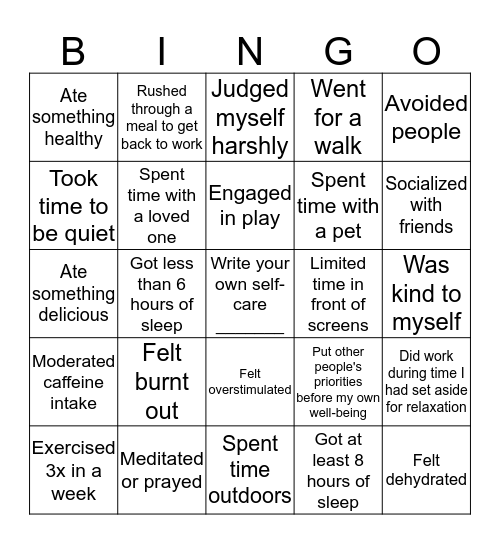 Self-Care BINGO Card