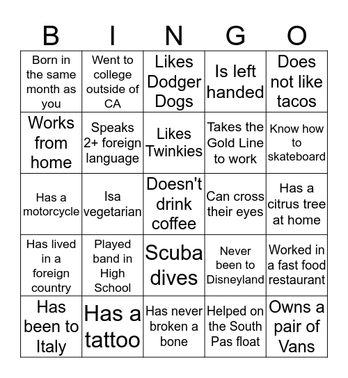 Ice Breaker Bingo Card