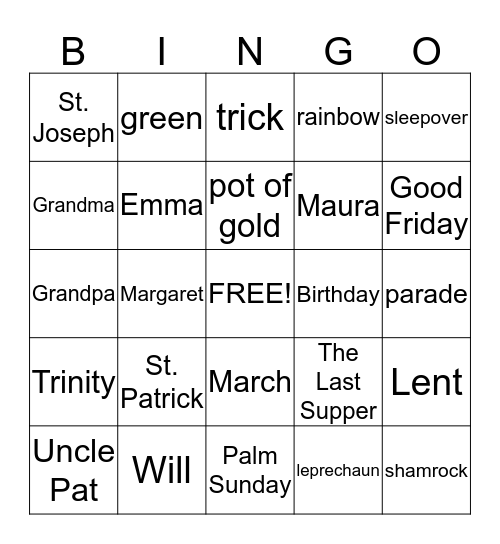 March Sleepover Bingo Card