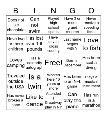 Getting to Know You BINGO! Bingo Card