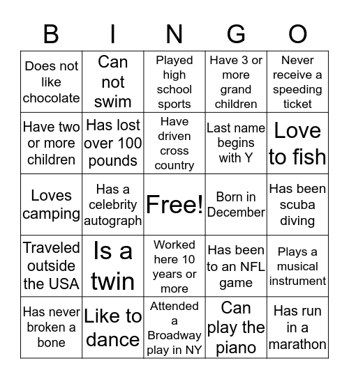 Getting to Know You BINGO! Bingo Card
