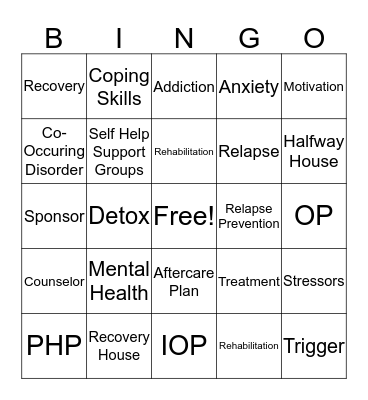 Recovery Bingo Card