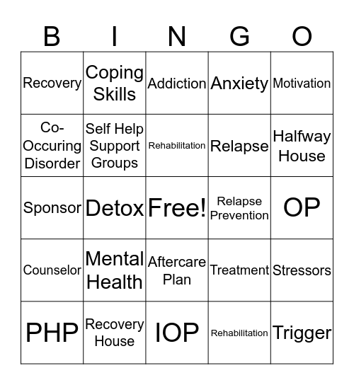 Recovery Bingo Card
