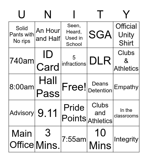 Unity Bingo Card