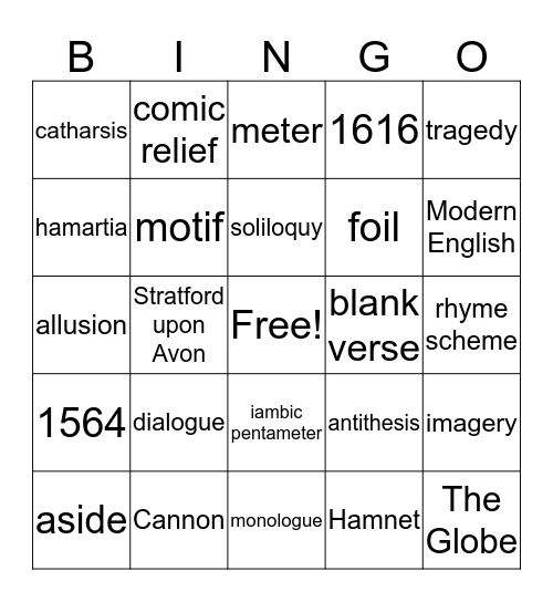 Hamlet Vocabulary Intro Bingo Card