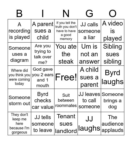 Judge Judy Bingo Card