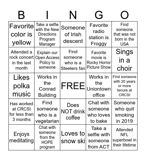 CRCSI BINGO - As you fulfill a box, have that person initial it. Once you have BINGO, put your card in the Bingo Box  on the registration table by 12:45 pm today  for a chance to win a prize! Bingo Card