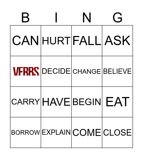 VERBS Bingo Card