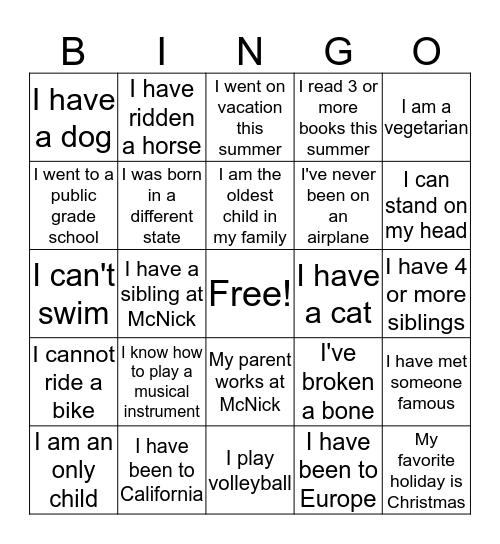 Getting To Know One Another Bingo Card
