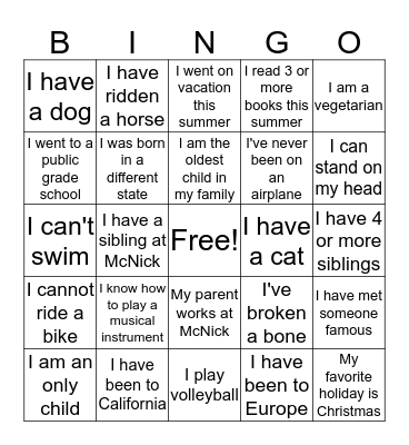 Getting To Know One Another Bingo Card