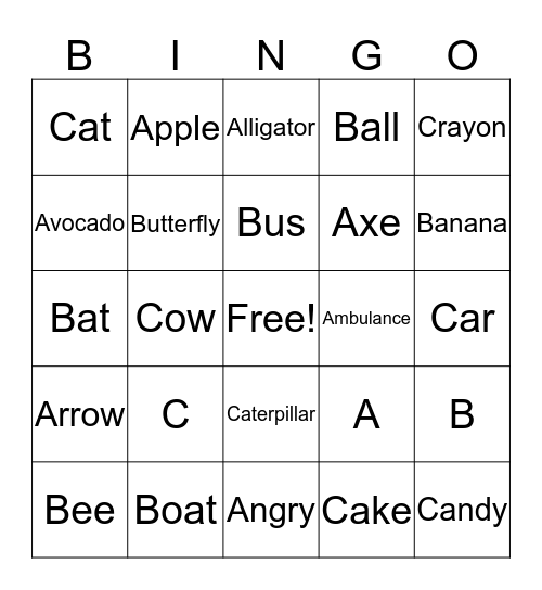 A, B, and C Bingo Card