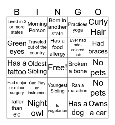 Getting To Know You BINGO Card
