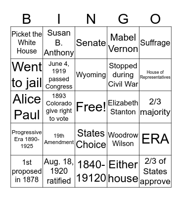 19th Amendment Bingo Card