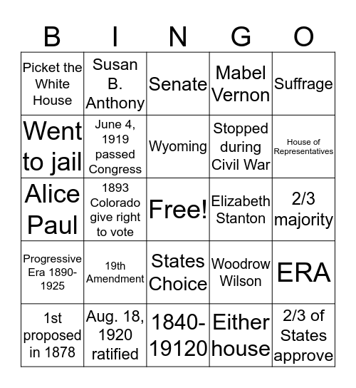 19th Amendment Bingo Card