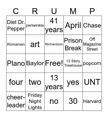 Getting to Know Ms. Crump Bingo Card