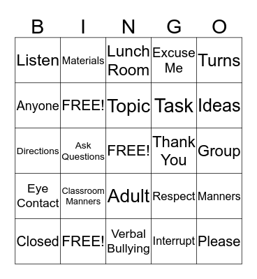 Social Skills Bingo Card