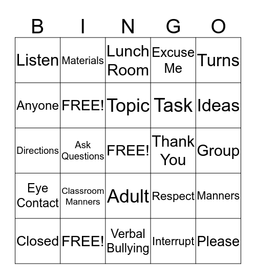 Social Skills Bingo Card