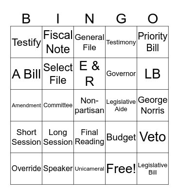 Nebraska Unicameral Bingo Card