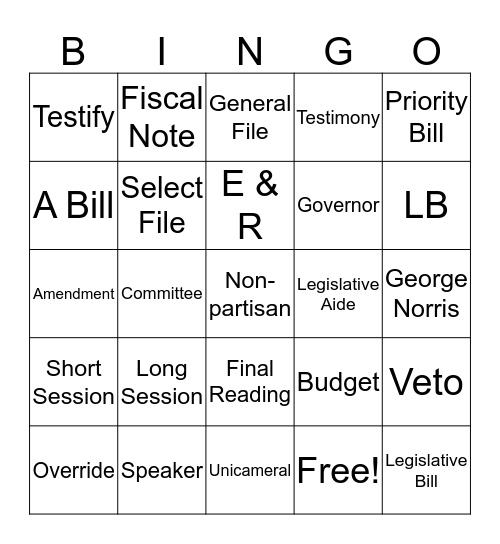 Nebraska Unicameral Bingo Card