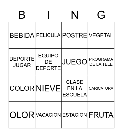 BINGO Favorites Bingo Card