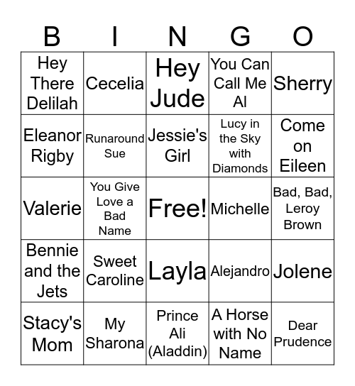 Name Songs Bingo Card