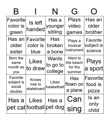 Getting to Know You Bingo Card