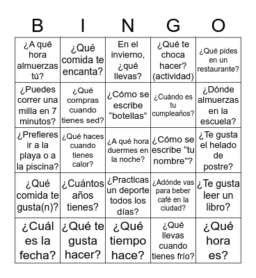 Práctica Verbal Bingo Card